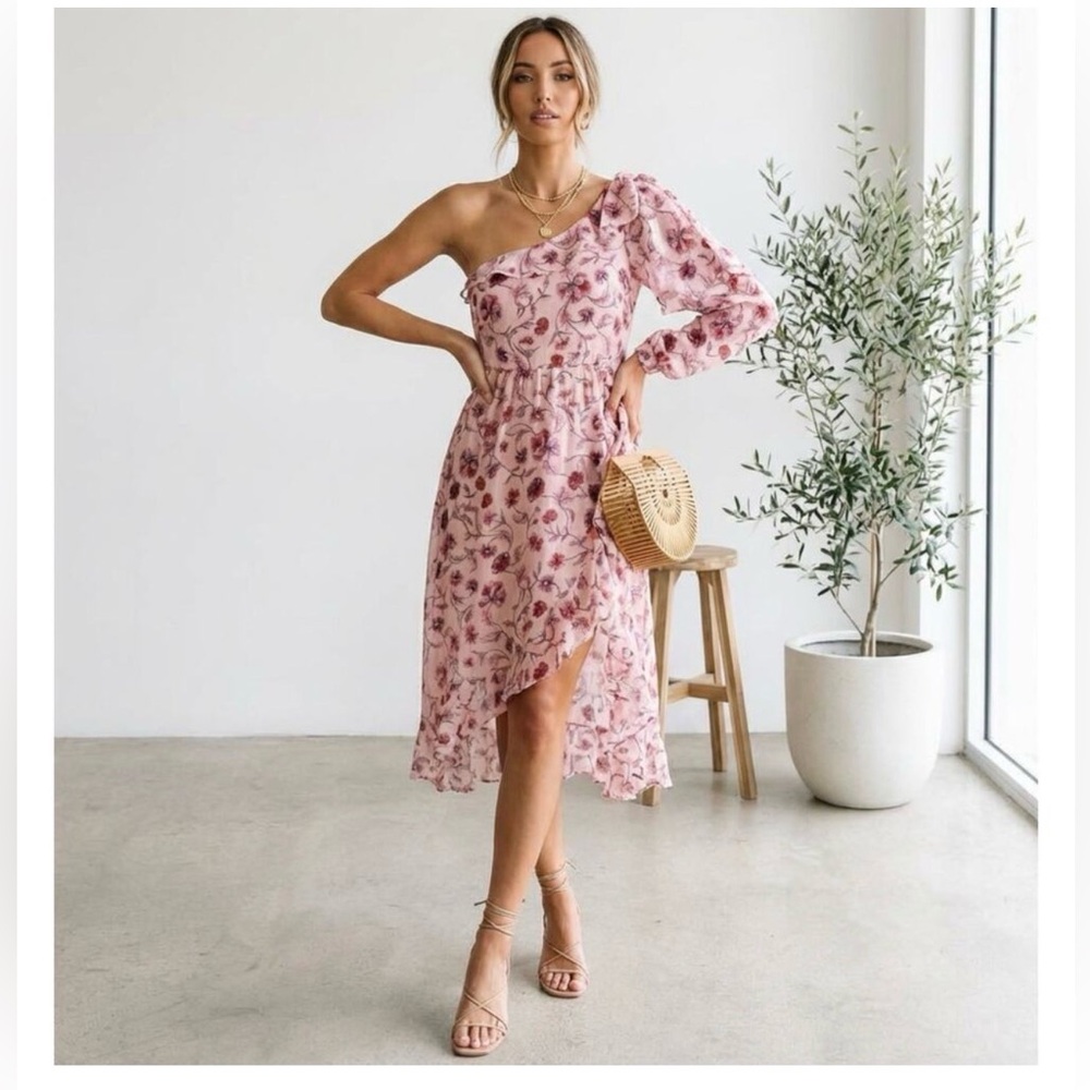 For Love And Lemons Pink Floral One-Shoulder Midi Dress NWT